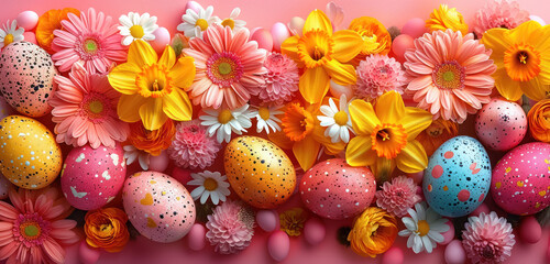 decorative easter eggs among pink daisy and daffodil flowers