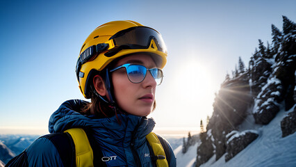 a woman wearing a helmet and goggles is standing on top of a snow covered mountain - Powered by Adobe