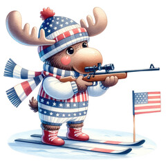 Watercolor Adorable Cartoon Moose Playing Biathlon in Patriotic USA Sports Outfit with Transparent Background Clipart - obrazy, fototapety, plakaty