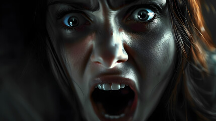 a close up of a screaming scared woman with open mouth