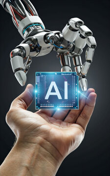 graphic of a robot hand placing a cube with the inscription AI on a human hand