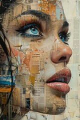 A collage of a woman's face with prominent eyes and lips, composed of layered newspaper snippets,...