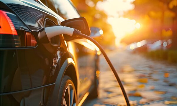 Electric car charging on the street against the backdrop of a sunset. The concept of sustainable transport and innovation.