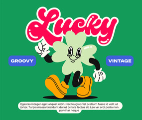 Cartoon mascot character clover,leaf of luck. Poster in retro groovy style of the 90s. St.Patrick 's Day. Doodle character with gloved hands.