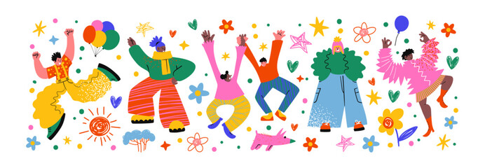 Happy cartoon retro characters in 90s style jumping. Groovy set of people in flight smiling women and men. Hippie funky illustration   © Limpreom