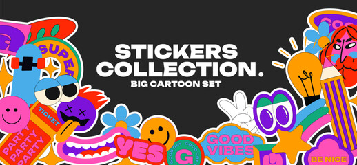 Big set cartoon stickers in 90s retro groovy style. Doodle drawings, characters, elements, shapes. Various patches, labels, tags, stickers, stamps. Vector set, trendy promo labels