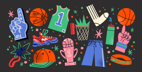 Basketball stickers in cartoon style. Sports objects, sneakers, ball, basket, sports equipment. Vector retro set © Limpreom