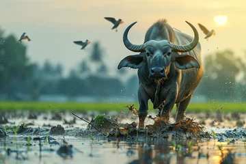 Photo sur Aluminium Buffle In a captivating sight, an imposing water buffalo wades through a flooded paddy field, accompanied by birds in graceful flight, symbolizing the peaceful cohabitation of wildlife and agriculture