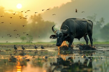 With birds soaring overhead, an imposing water buffalo gracefully traverses a flooded paddy field, evoking a sense of harmony between wildlife and the natural landscape