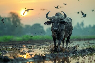 With graceful birds soaring overhead, an imposing water buffalo navigates through a flooded paddy field, portraying the beauty and tranquility of rural life