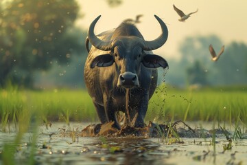 Against the backdrop of a flooded paddy field, an imposing water buffalo strides purposefully, with birds taking flight in the background, illustrating the symbiotic relationship between wildlife and 