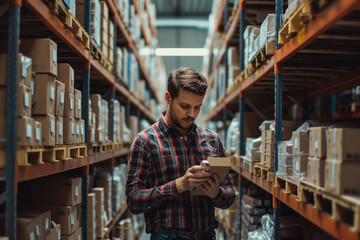 Warehouse worker checking inventory on tablet in large warehouse with shelves and boxes