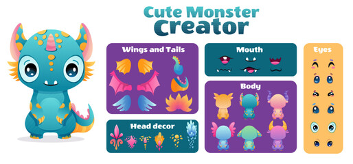 Create your Monster and collect cute aliens and funny creatures. Cartoon character creation kit with all elements and body parts. Vector children illustration © Foxelle