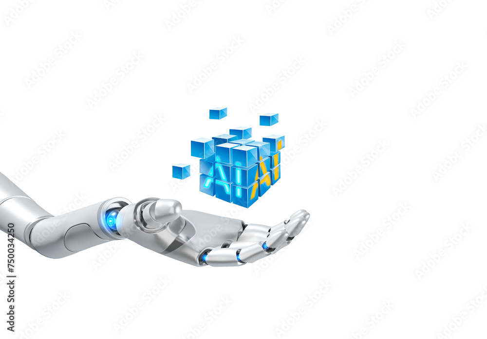 Poster Robot hand holding many little cube blocks that are merging into cubic shape with artificial Intelligence symbol isolated on transparent background, 3D rendering illustrations