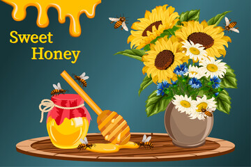 Illustration with flowers in a vase and honey.Sunflowers and daisies in a vase, honey in a jar, honeycomb, bees in a vector color illustration.