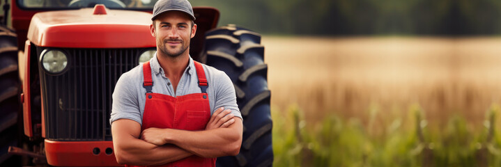 male farmer standing near red tractor machinery, farm agriculture background banner with copy...