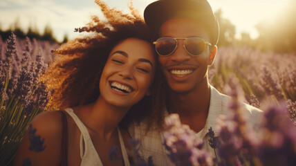 Young Interracial Couple Enjoying Sunshine in Summer Lavender Field copy space