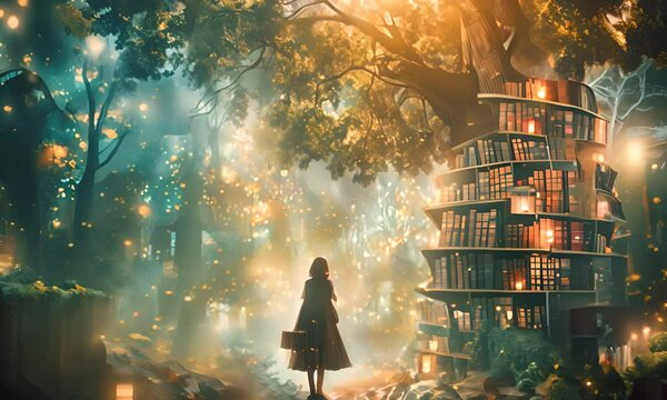 Girl in front of a building in a mystical forest. The concept of magical realism.