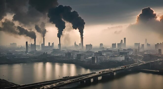 Inquinamento atmosferico dato dai gas di scarico e dai fumi delle fabbriche, immagine di citt&ograve;&agrave; inquinata dallo smog , nuvole di smog e gas di scarico