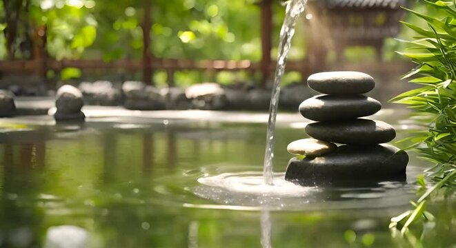concetto di consapevolezza e relax, giardino zen con acqua che scorre da un giunco, pace e serenit&agrave; zen