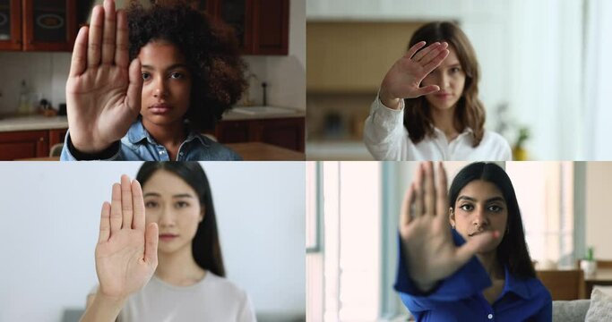 Four attractive serious multiethnic young women showing stop gesture to camera, females against domestic violence, abortion, racial or gender discrimination, physical or emotional abuse, collage view