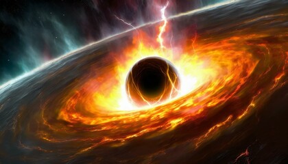 Supermassive black hole surrounded by fiery accretion disk and red lightnings