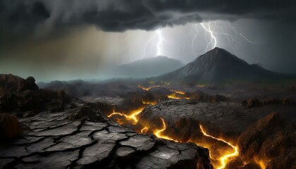 Realistic volcanic landscape, during a lightning storm