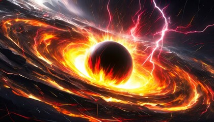 Spherical superheated black hole surrounded by fiery accretion disk and red lightnings