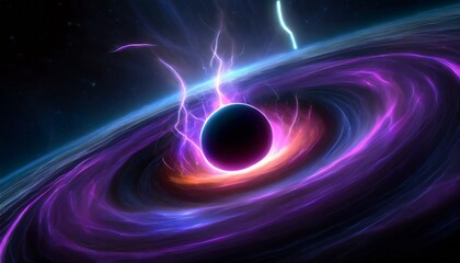 Black hole in space surrounded by acccretion disk and lightnings