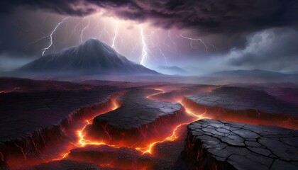 Volcanic landscape during a violent lightning storm