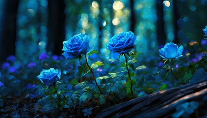 Blue roses growing in a magical forest. Bokeh effect.
