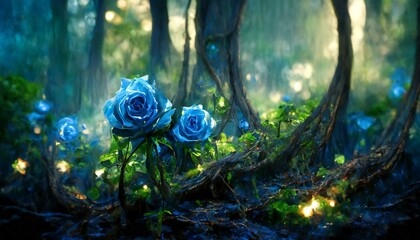 Roses growing at the base of a tree in a magical forest. Shallow depth of field, moody cold tones. Bokeh effect.