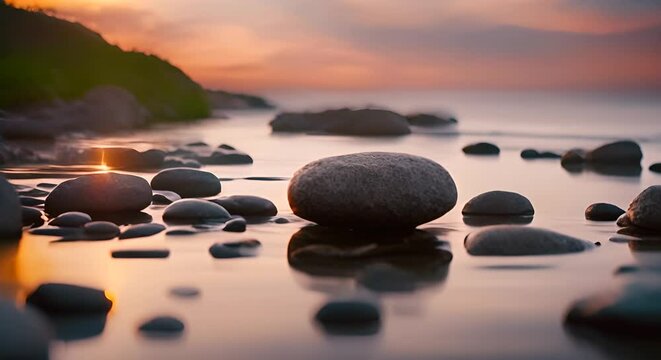 concetto di consapevolezza e relax, pietra levigata in mezzo ad acque calme al tramonto,  pace e serenit&agrave; zen