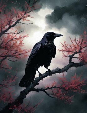 Black crow with red eyes, perched on a branch. Moody, cloudy sky