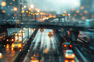 Rainy evening traffic on a busy city road. - obrazy, fototapety, plakaty