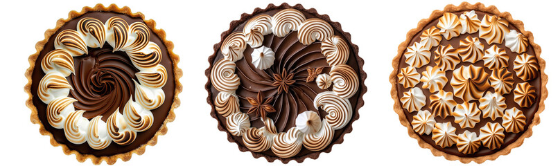 Freshly made chocolate and meringue tarts with golden peaks. high-angle view. 