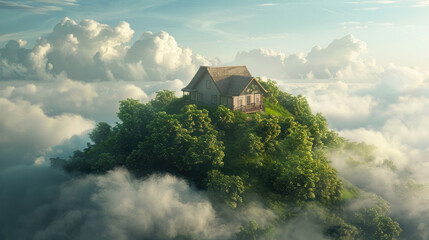 A small house sitting on top of a lush green hillside covered in clouds and a lush green hillside covered in trees, copy space - Powered by Adobe