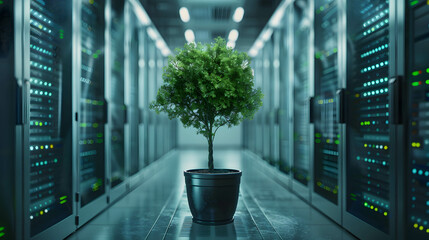 green digital technology, save and renewable energy, trends in energy use that give importance to care and conservation of the environment, clean energy in data center - obrazy, fototapety, plakaty