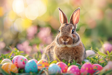 Fototapeta na wymiar Cute and fluffy easter bunny and colorful easter eggs background
