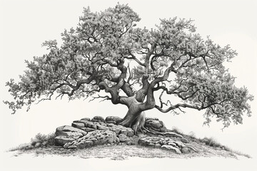 Black and white illustration of a majestic oak tree.