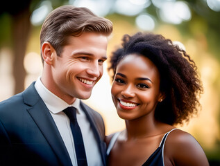 Portrait of a happy smiling multi-ethnic couple. Young white man with tie and beautiful black african woman in relationship. Loving and caring expression. - 750036222