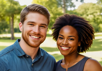 Portrait of a happy smiling multi-ethnic couple. Young white man and a beautiful black african woman in relationship. Loving and caring expression. - 750036245