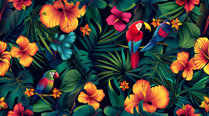 Seamless pattern background influenced by the forms and vibrant colors of tropical rainforests with colorful birds and flowers