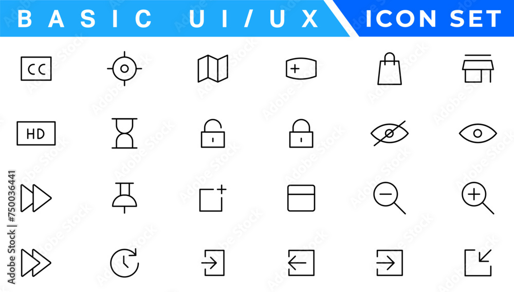 Poster basic ui ux icon set. set icon of user interface. vector illustration. editable stroke