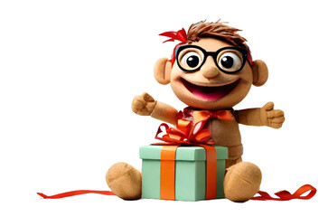 Fototapeta premium A funny puppet with decorated surpise gift box on white background. Joy and cheer spreading concept. Clown Box or a surprise box. Perfect for children party time. 3d rendering vector illustration. 