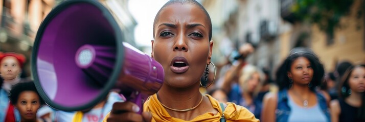 Black bald woman with purple megaphone in hands, Women’s Day