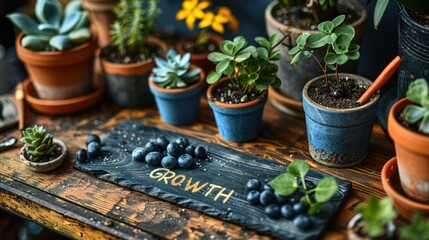Lush Greenery: A Gathering of Potted Plants on a Rustic Wooden Table, growth