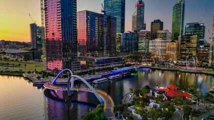 Aerial view of Perth skyline from Elisabeth Quay at sunset