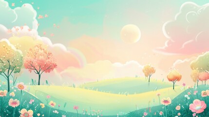Dreamy landscape with radiant sun, fluffy clouds, and colorful trees
