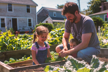 Father teaches daughter to grow vegetables in rural summer.